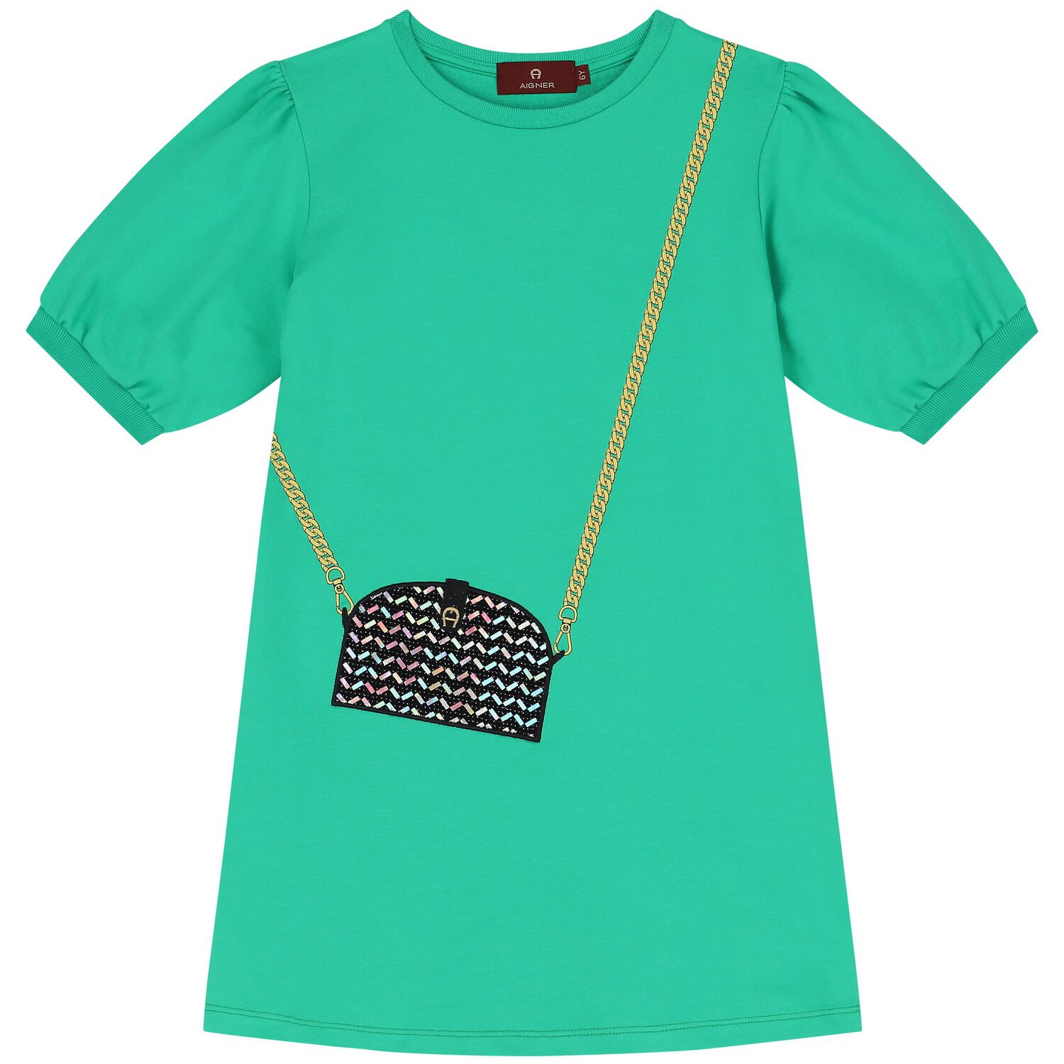 Girls Green Logo Bag Dress, 2, hi-res