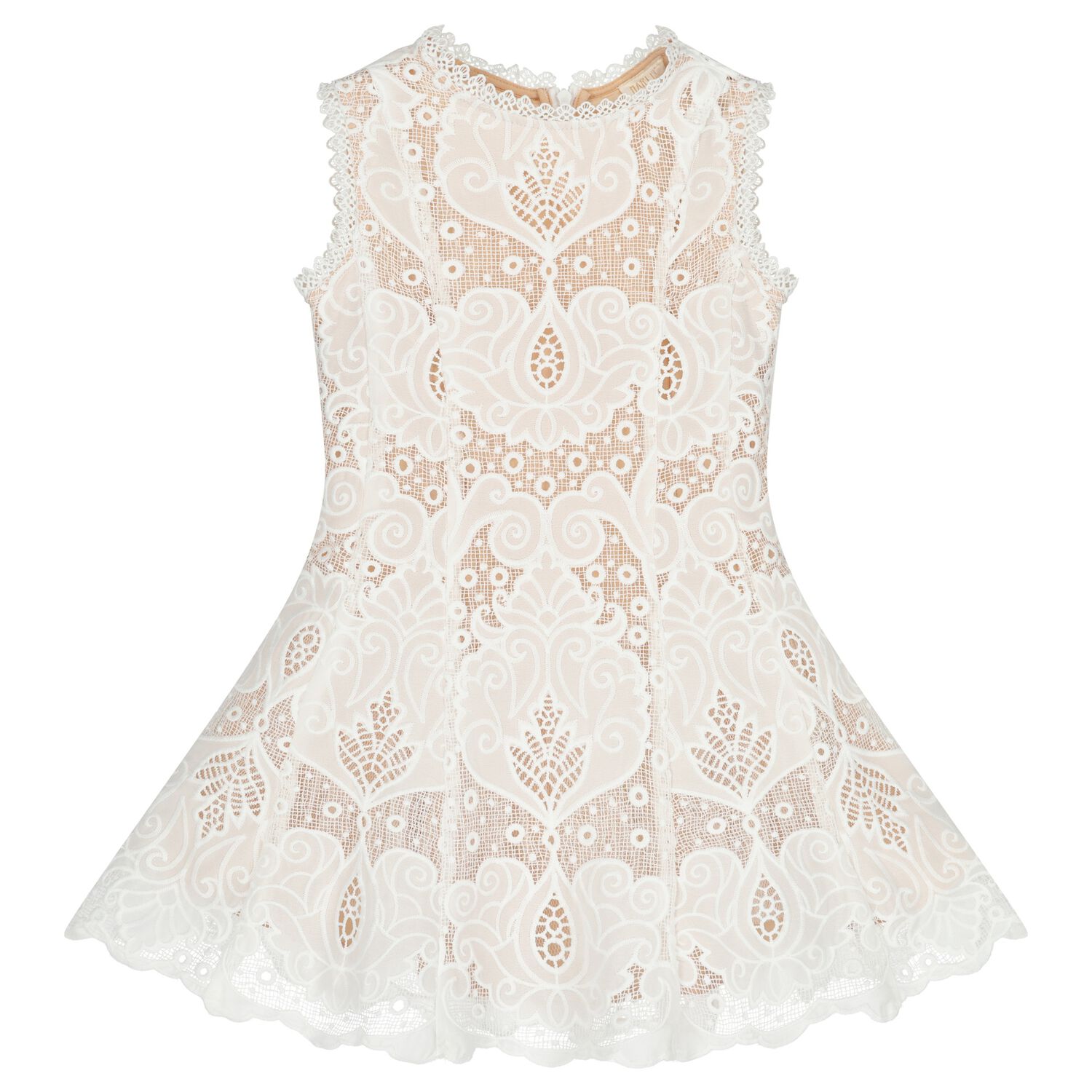 Girls White & Beige Lace Dress, 1, hi-res