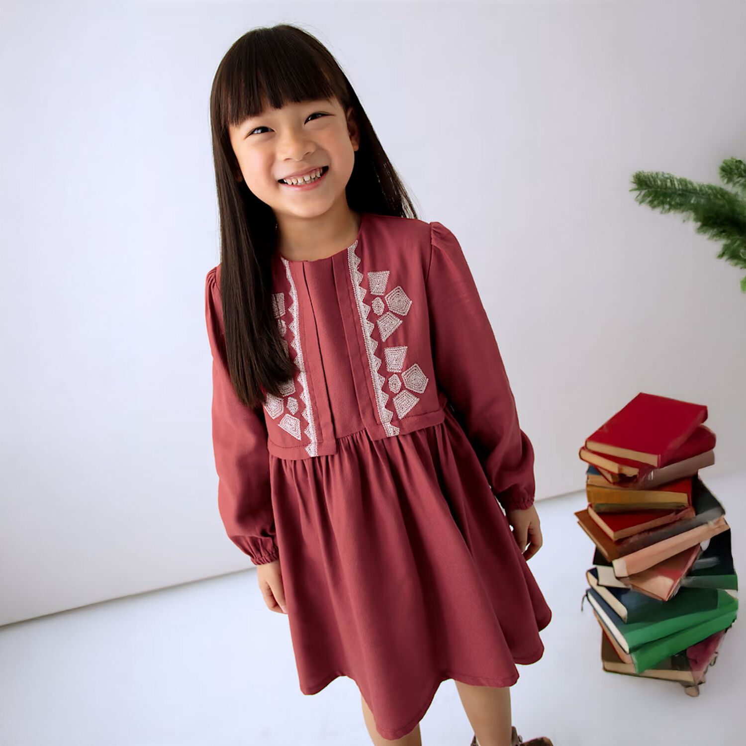 Girls Red Embroidered Dress, 1, hi-res