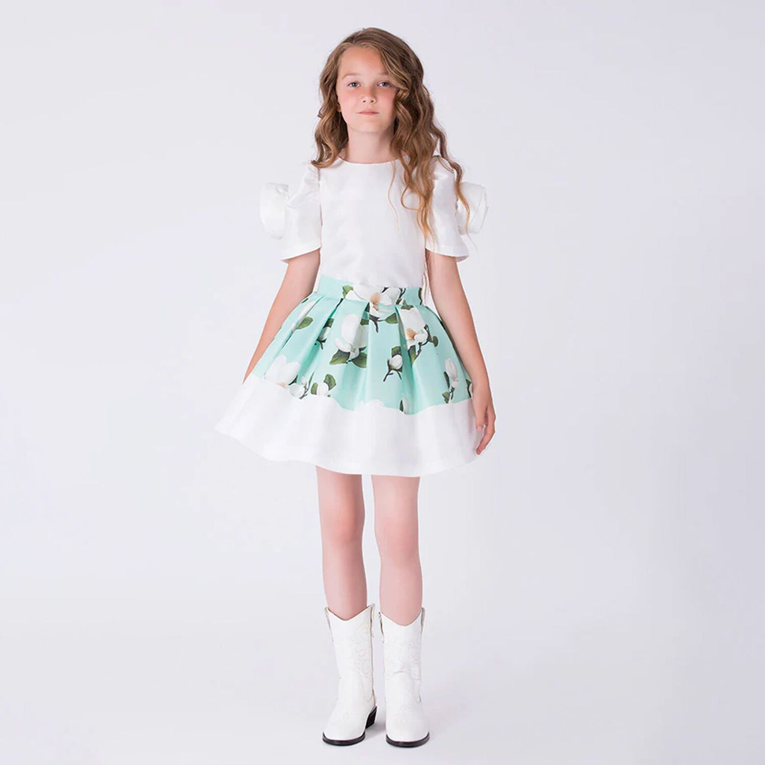Girls White & Green Floral Skirt Set, 1, hi-res