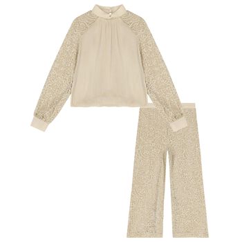 Girls Beige Embellished Trouser Set