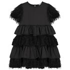 Girls Black Tiered Satin Dress, 1, hi-res