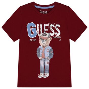 Guess Boys Burgundy Teddy Bear Logo T-Shirt, 3 Boys Burgundy Teddy Bear Logo T-Shirt