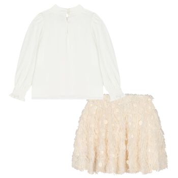 Girls White & Beige Embellished Skirt Set 