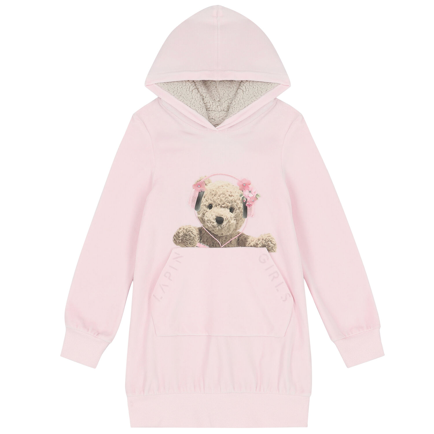 Girls Pink Teddy Hooded Dress, 1, hi-res