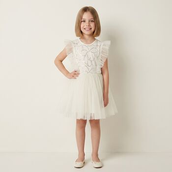 فستان تول مزين و مكشكش باللون الابيض للبنات 