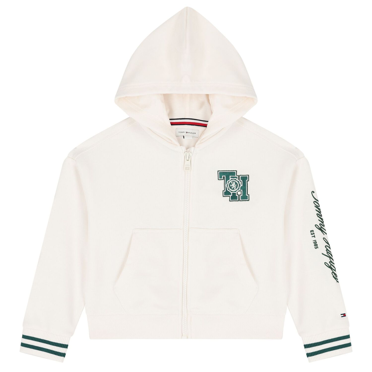 Girls Ivory Crest Logo Hooded Zip Up Top, 1, hi-res