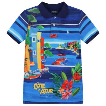 تيشيرت بولو أولاد بالشعار باللون الأزرق