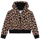 Girls Black Teddy Bear Hooded Zip Up Top, 1, hi-res