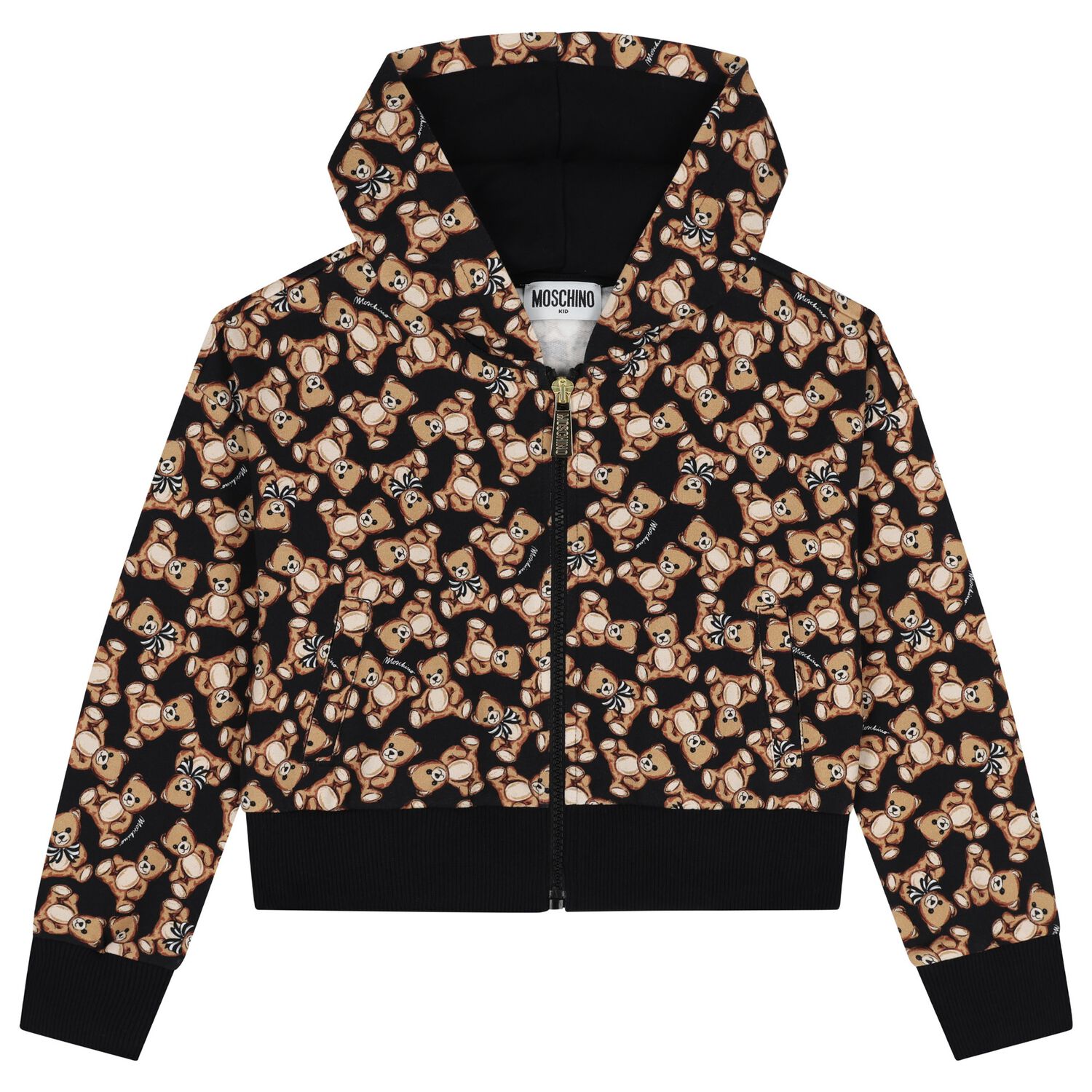 Girls Black Teddy Bear Hooded Zip Up Top, 1, hi-res image number null