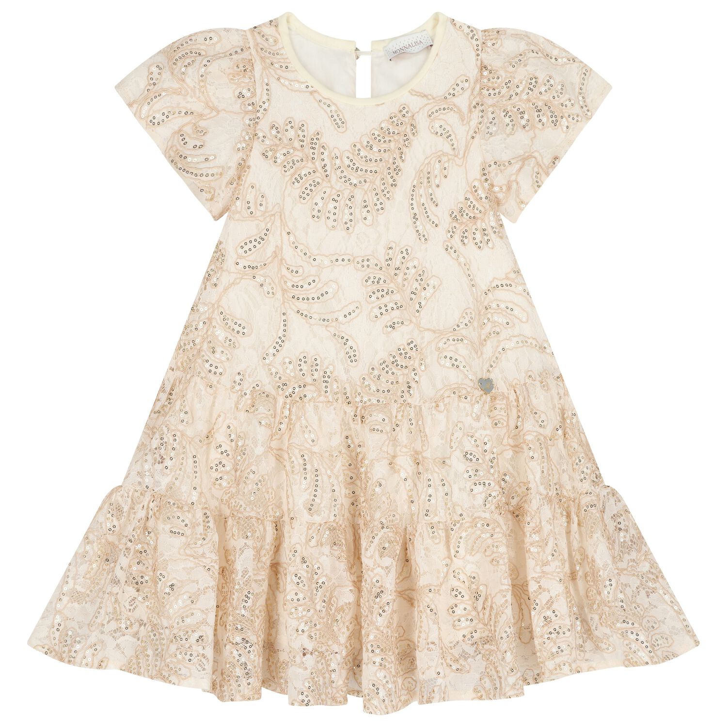 Girls Beige & Gold Lace Dress, 1, hi-res