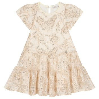 Girls Beige & Gold Lace Dress