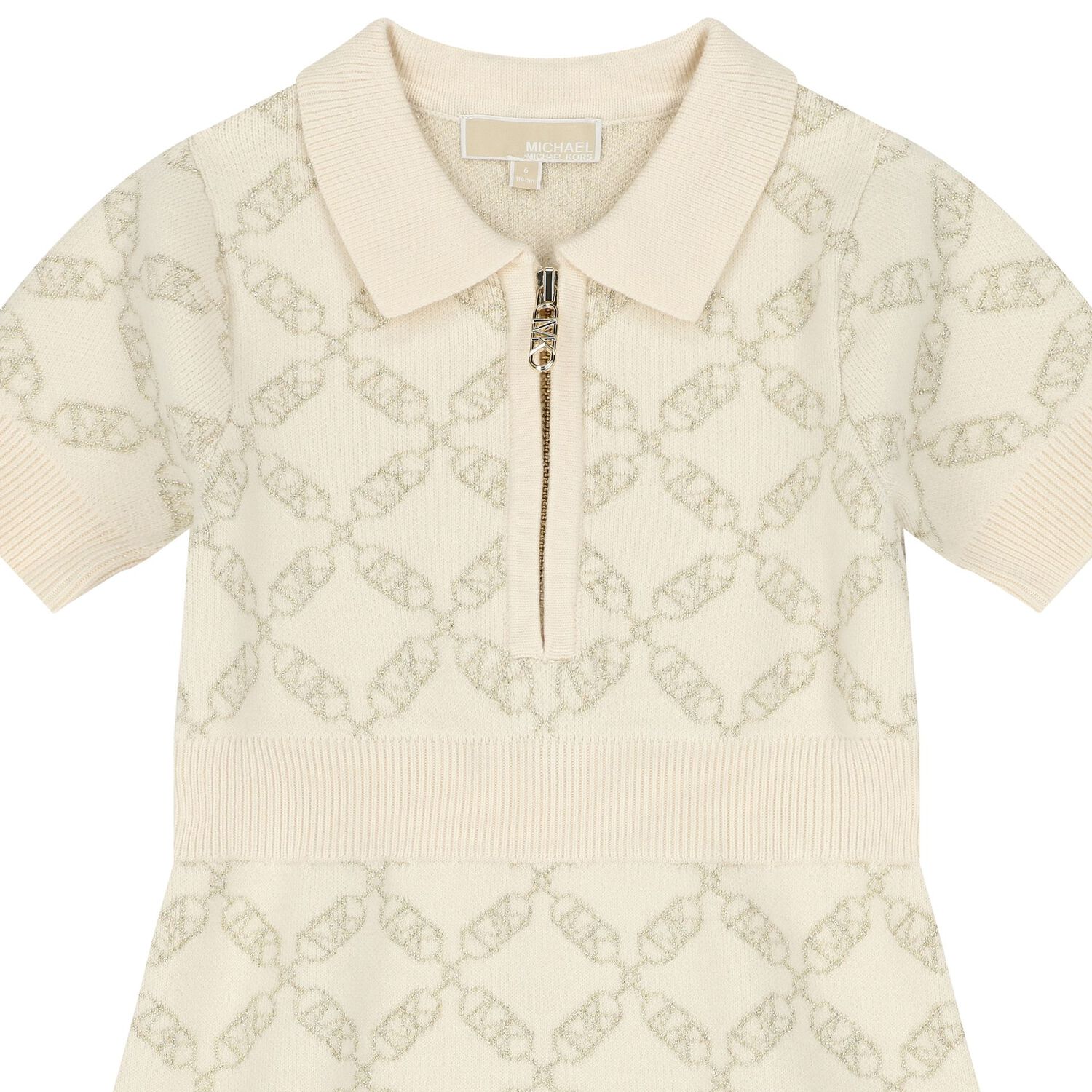 Girls Ivory & Gold Logo Knitted Polo Dress, 1, hi-res