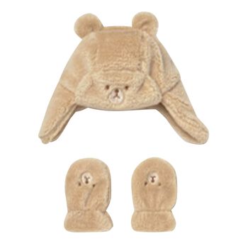 Beige Faux Fur Bear Hat & Mittens Set