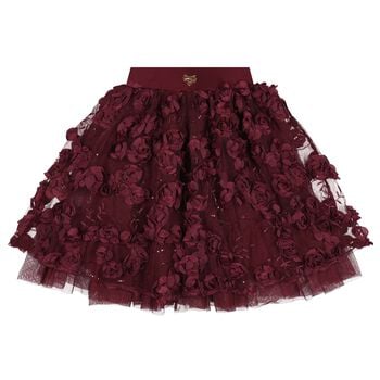 Girls Burgundy 3D Flower & Sequin Tulle Aliza Skirt