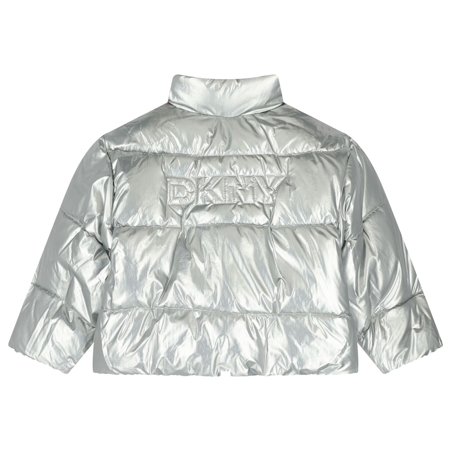 جاكيت منفوخ قابل للعكس بشعار فضي وأسود للبنات, 1, hi-res