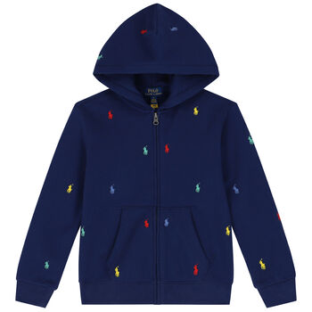 Boys Navy Blue Logo Hooded Zip Up Top