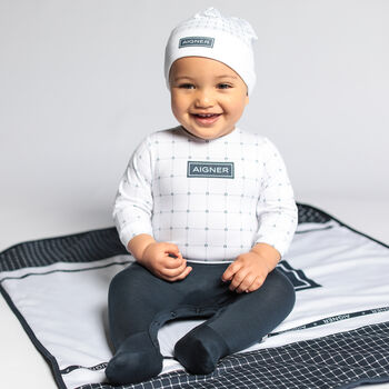 Baby Boys Navy Blue & White Pima Cotton Logo Babygrow