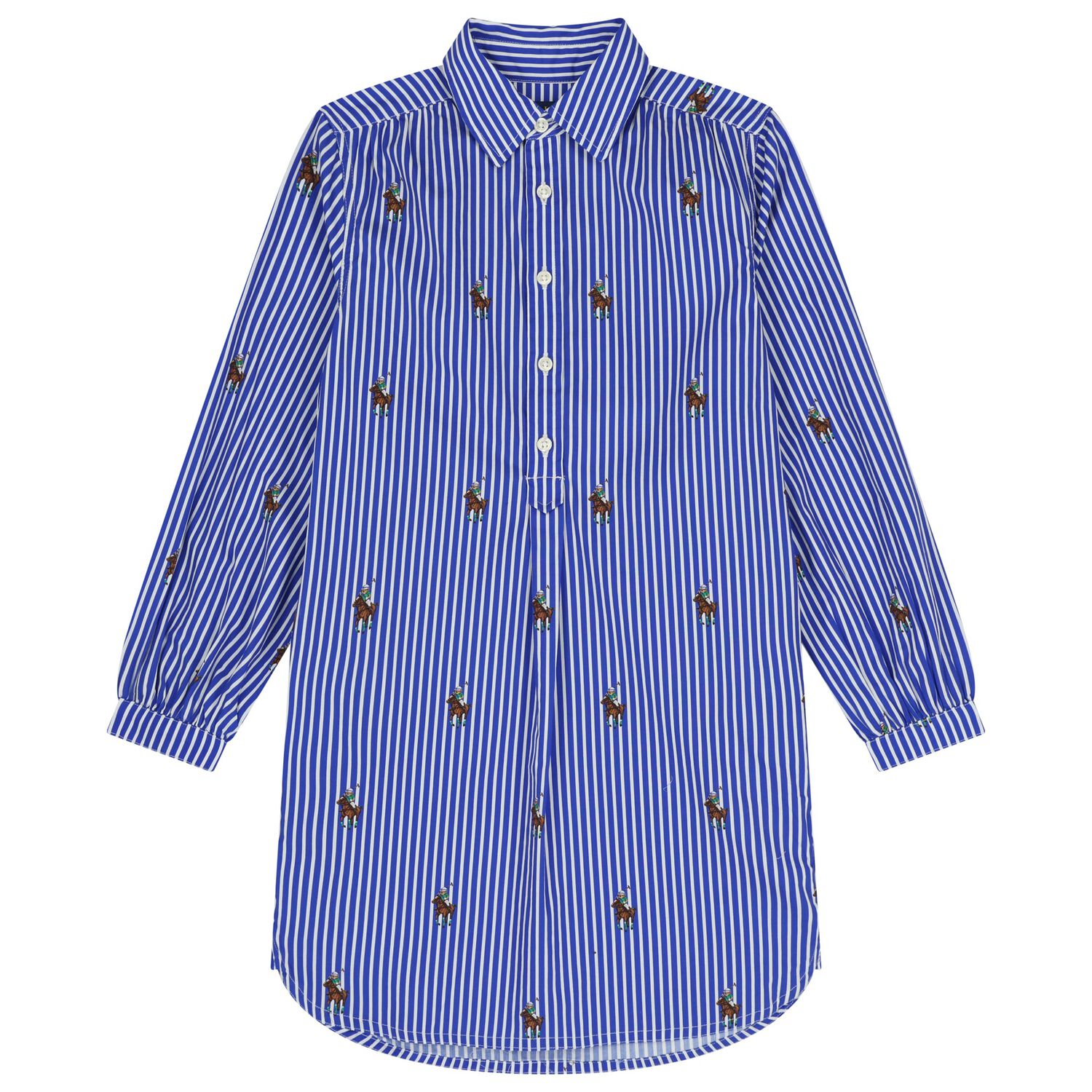 فستان بناتي مخطط باللونين الأزرق والأبيض بنقشة دب بولو, 1, hi-res