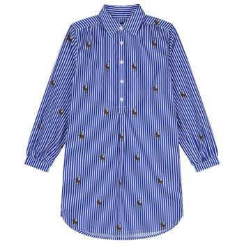 فستان بناتي مخطط باللونين الأزرق والأبيض بنقشة دب بولو