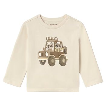 Younger Boys Beige Car Long Sleeve Top