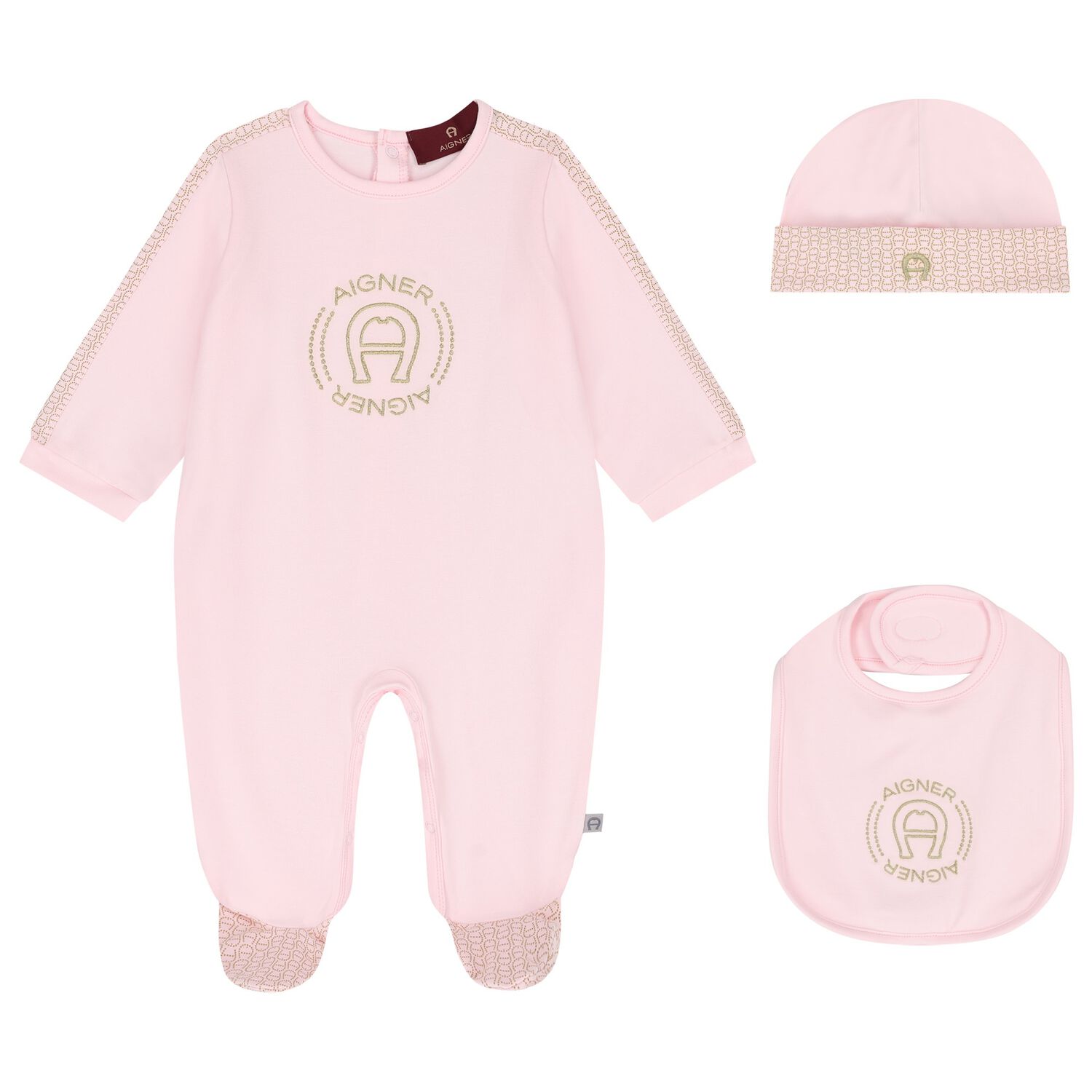 Baby Girls Pink & Gold Logo Babygrow Hat & Bib Gift Set, 1, hi-res image number null