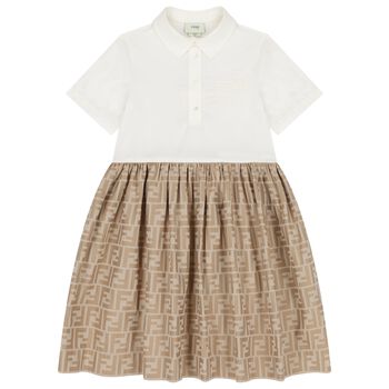 Girls Ivory & Beige FF Logo Dress