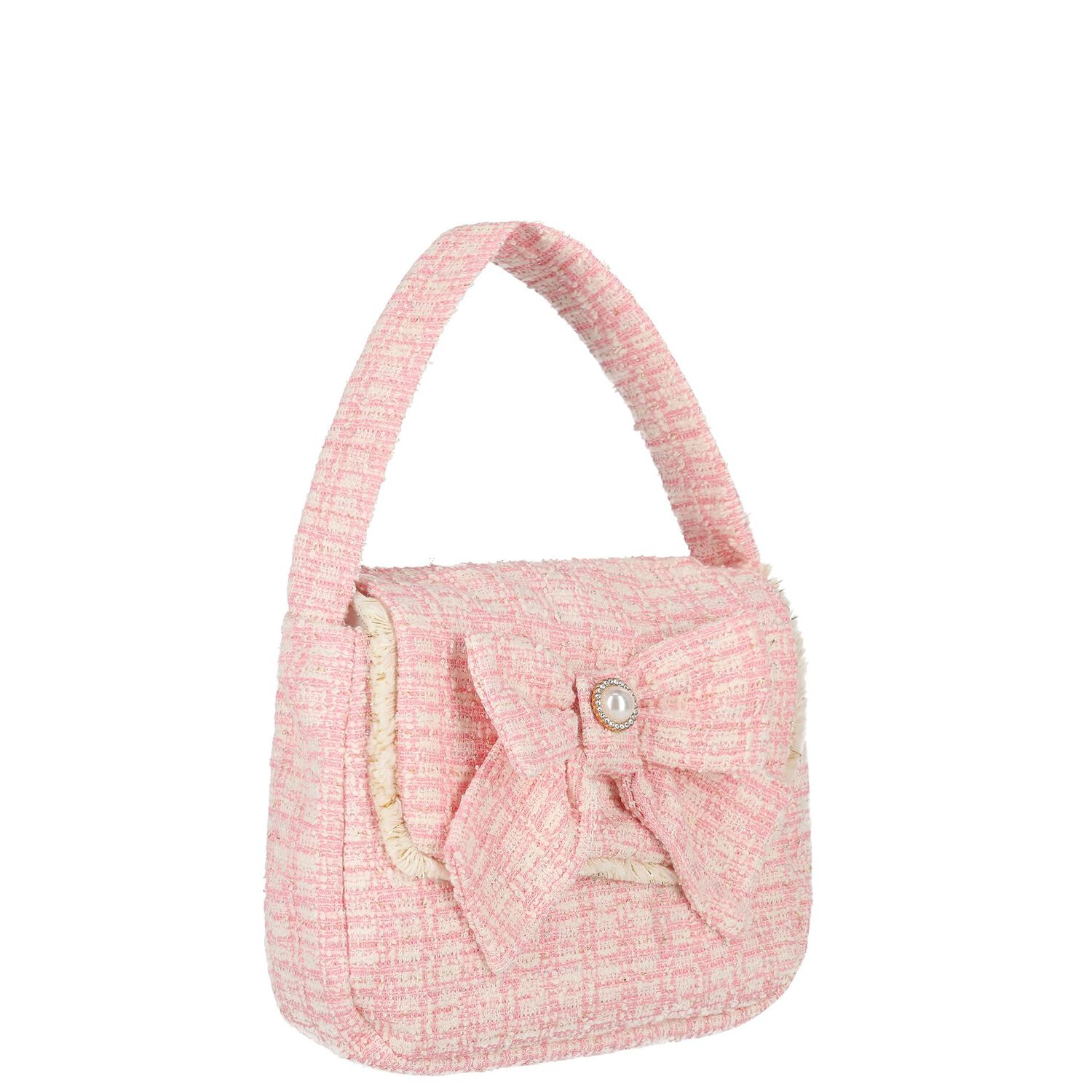 Girls Pink Bow Tweed Handbag, 1, hi-res