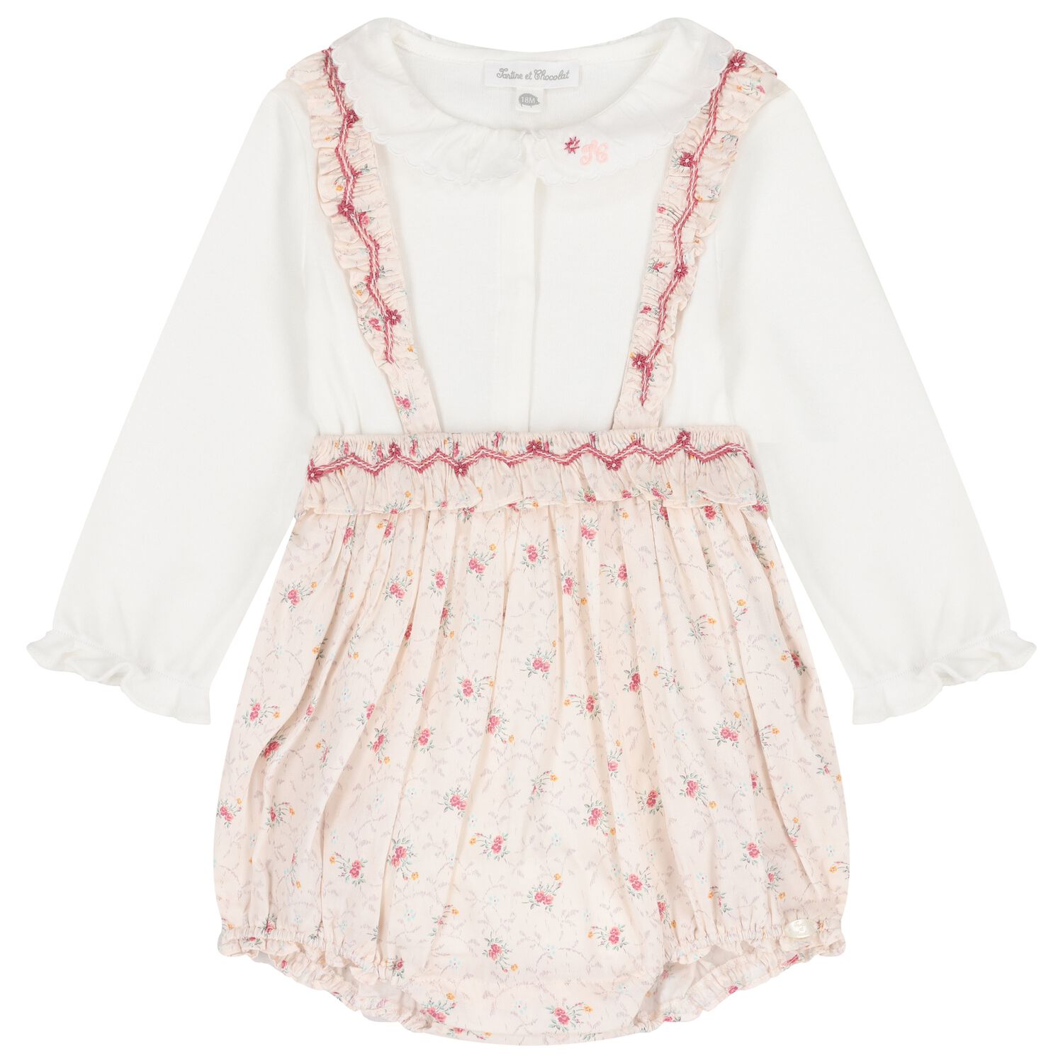 طقم بدله اطفال للبنات مزينه بزهور باللون الوردى والعاجى , 1, hi-res image number null