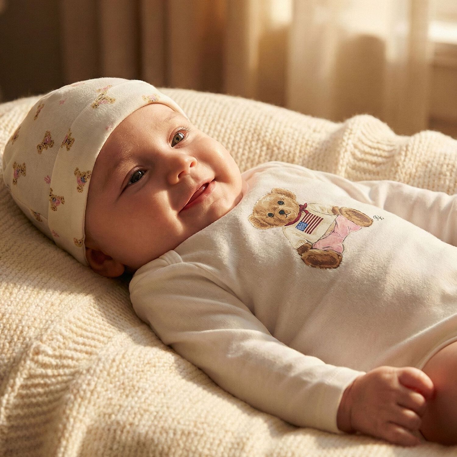 Baby Girls White Polo Bear Babysuit & Hat Gift Set, 1, hi-res