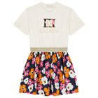 Girls Ivory & Navy Blue Logo Floral Dress, 1, hi-res