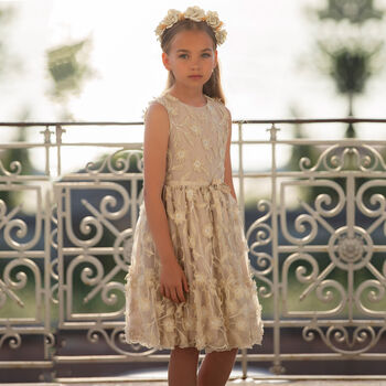 Girls Gold Floral Tulle Dress