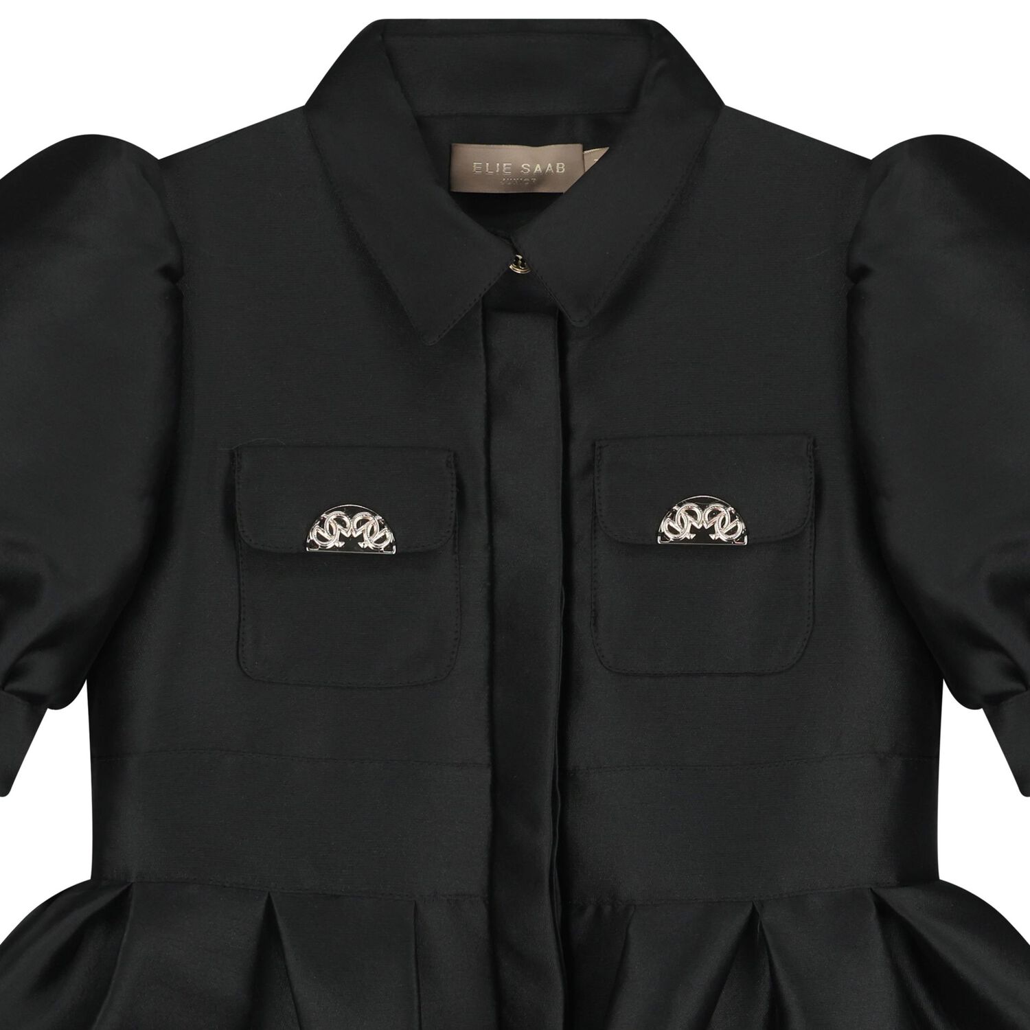 فستان بناتي باللون الاسود من الساتان بأكمام منفوخة, 2, hi-res