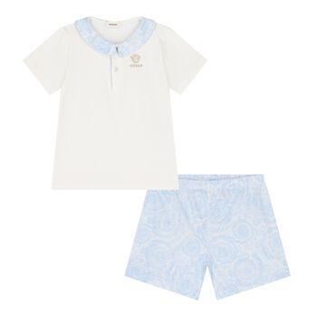 Baby Boys White & Blue Barocco Shorts Set