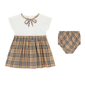 Baby Girls White & Beige Bow Check Dress Set