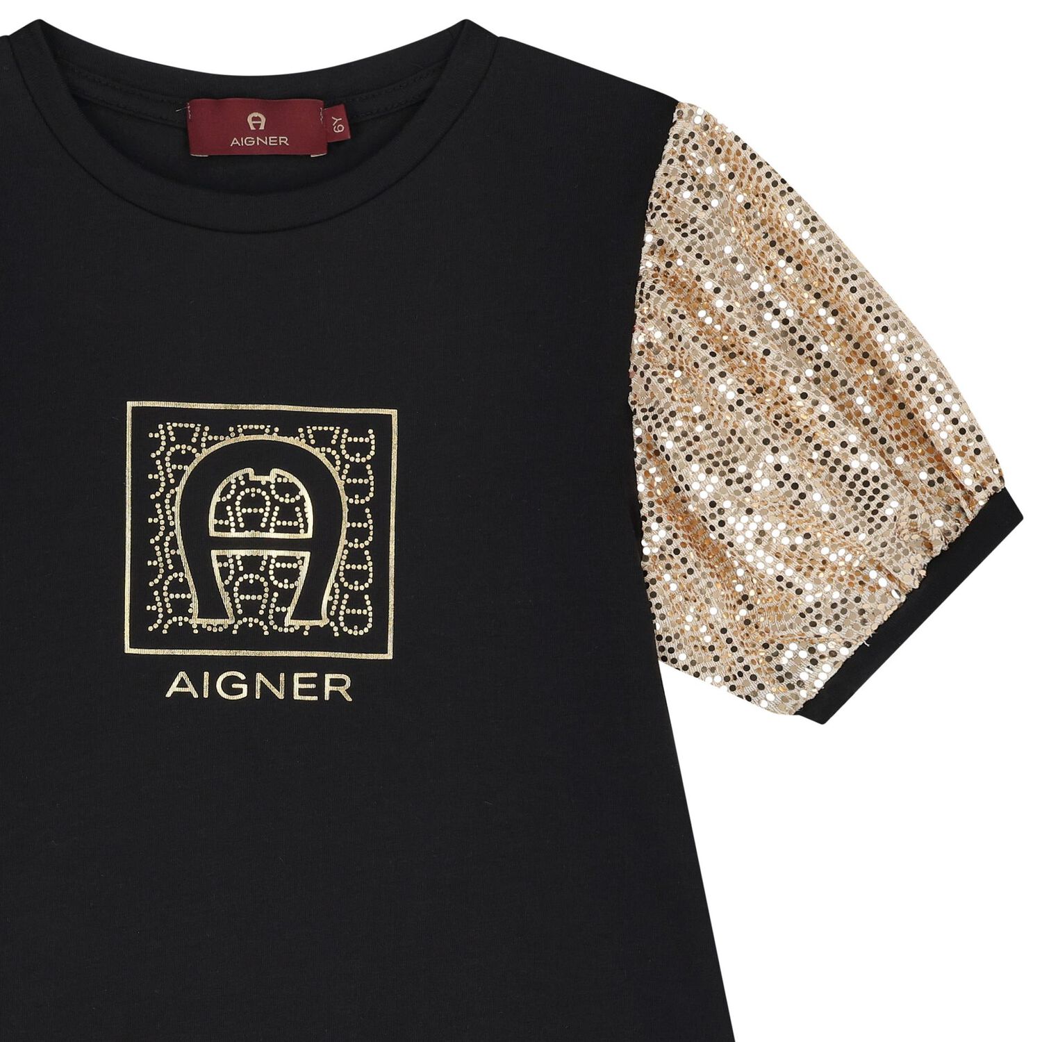 فستان بنات بالشعار باللون الأسود والذهبي, 1, hi-res