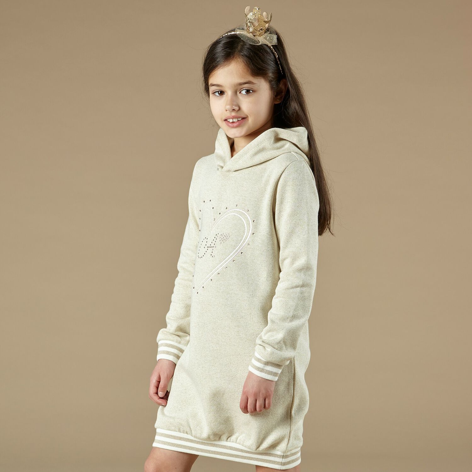 Girls Gold Logo Hooded Dress, 1, hi-res