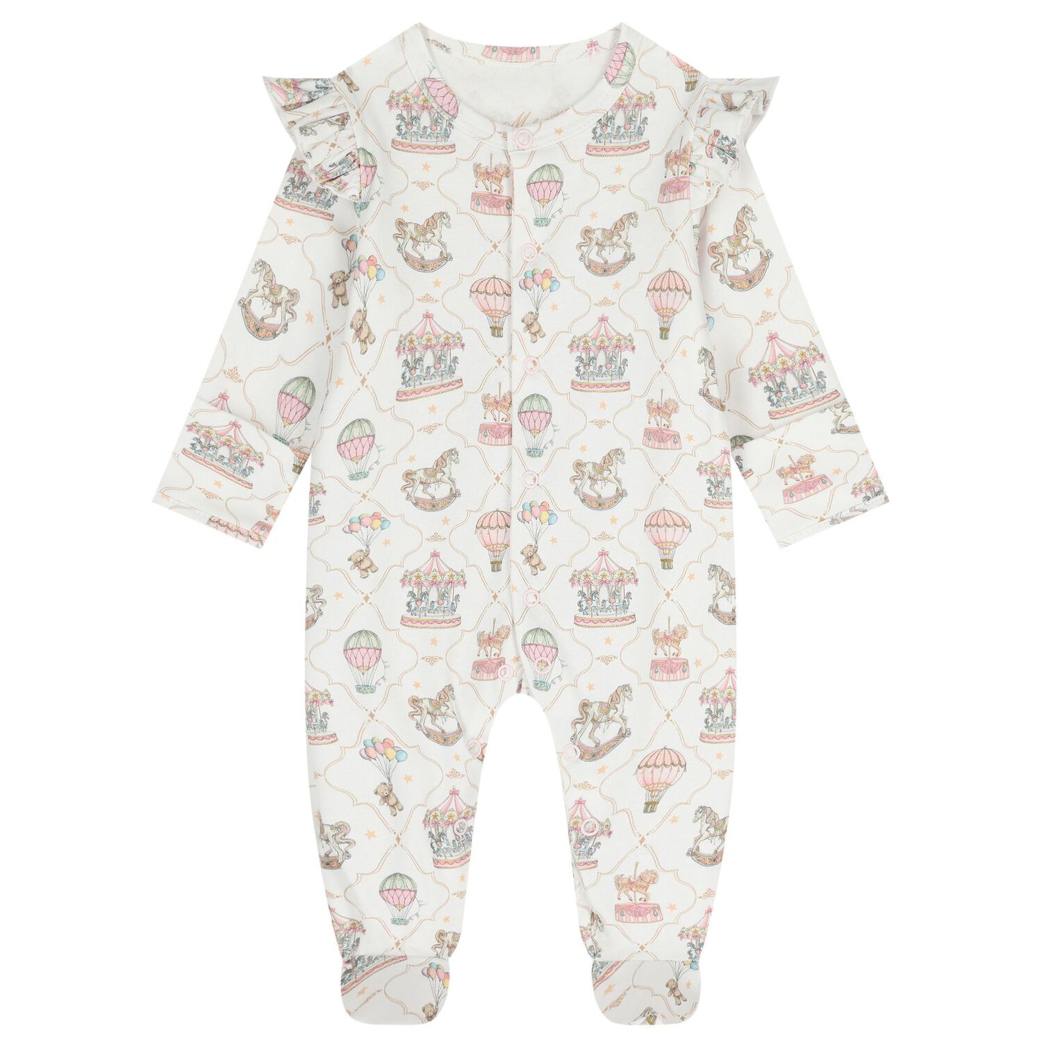 طقم هدايا ملابس أطفال وردي وأبيض للبنات الصغيرات بتصميم دوامة الخيل ومنطاد الهواء الساخن, 1, hi-res