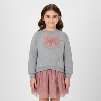 طقم تنورة فيونكة رمادية ووردية للبنات