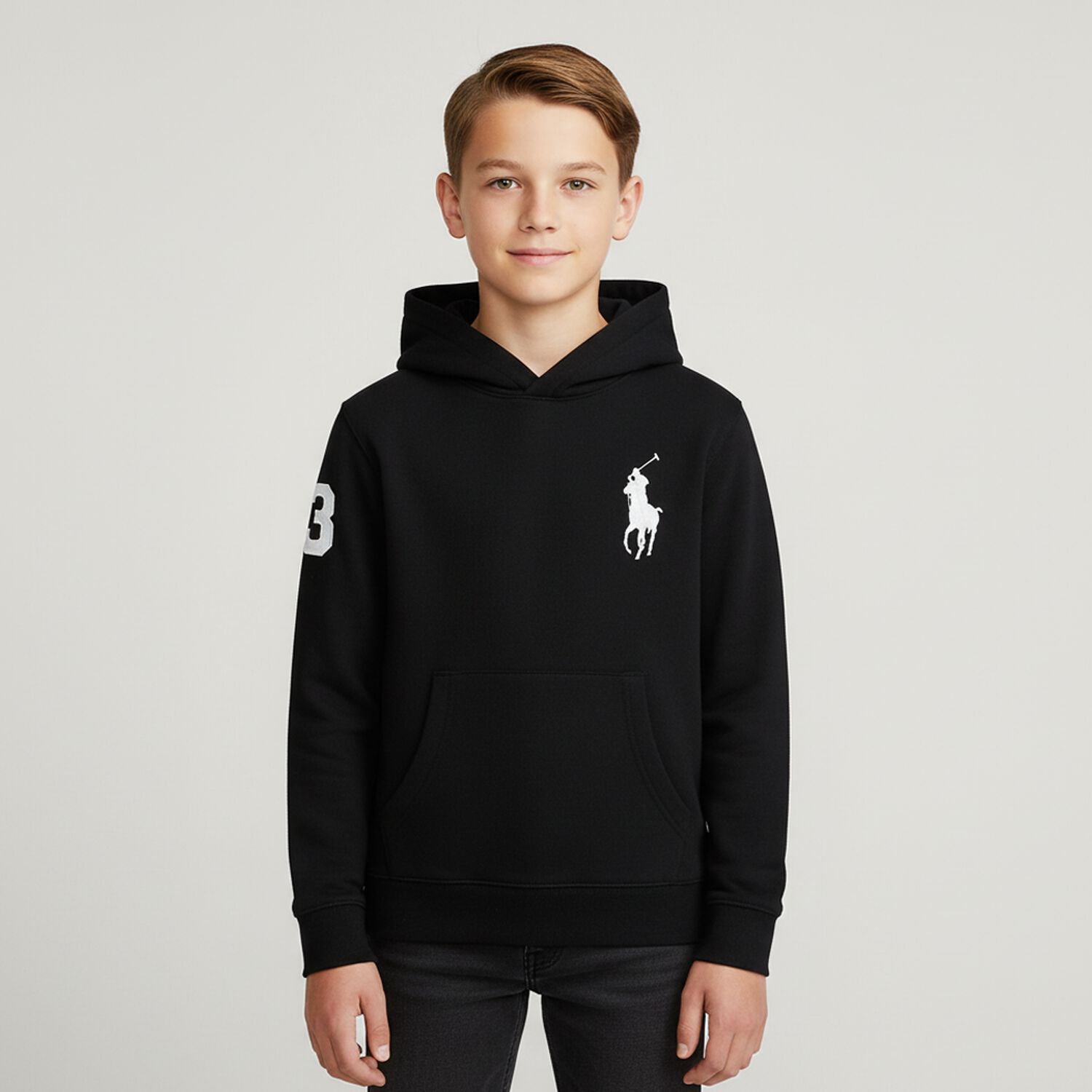 Boys Black Logo Hooded Top, 1, hi-res image number null