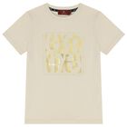 تيشيرت أولاد بالشعار باللون البيج والذهبى, 1, hi-res