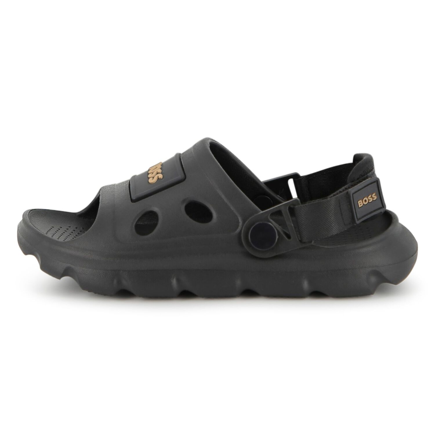 Boys Black Logo Sandals, 1, hi-res