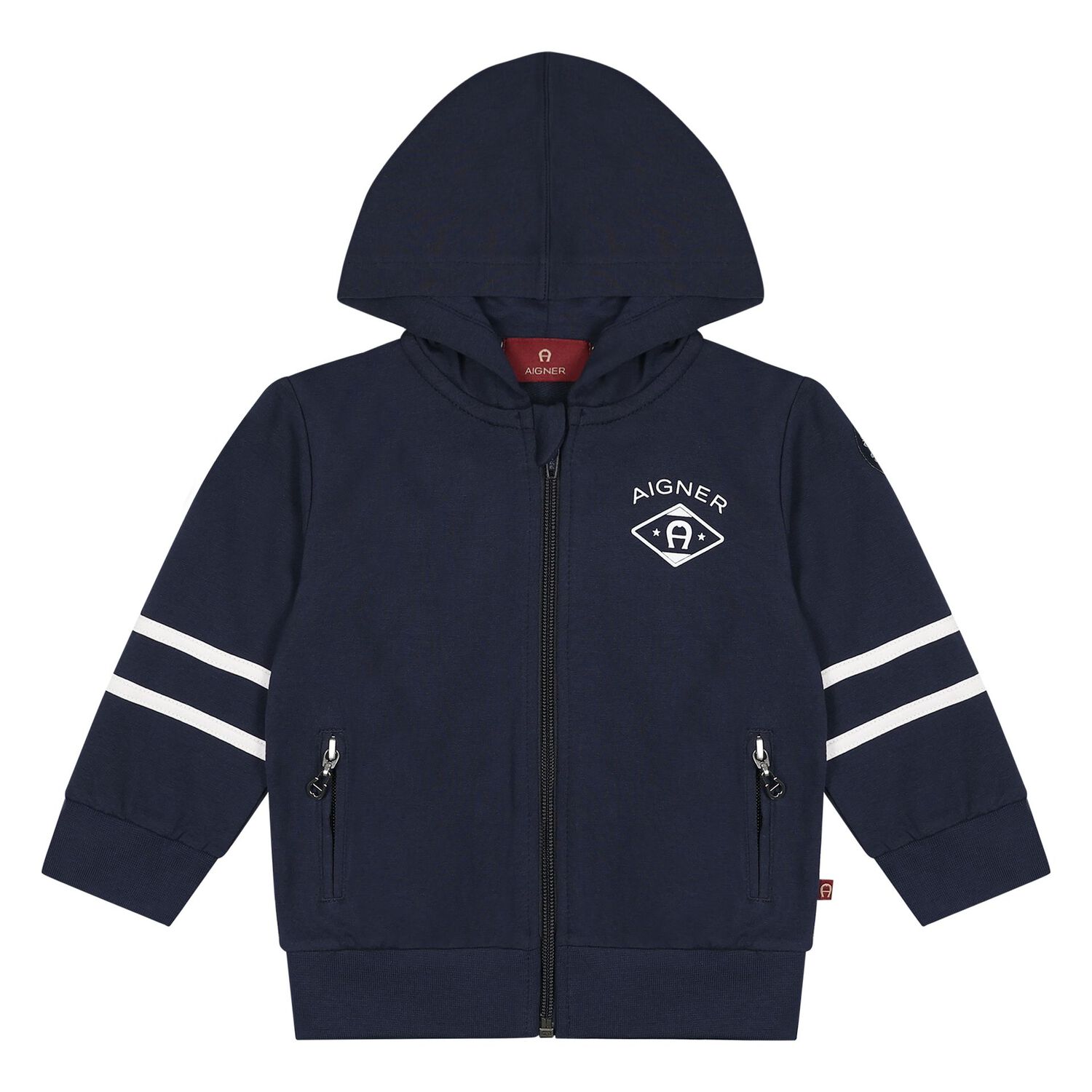 Younger Boys Navy Blue Logo Hooded Zip Up Top, 1, hi-res