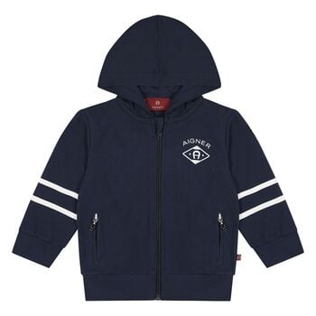 Younger Boys Navy Blue Logo Hooded Zip Up Top