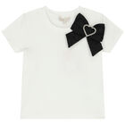 Girls White Jacquard Heart Bow T-Shirt, 1, hi-res