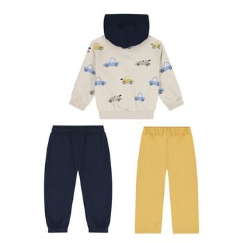 Younger Boys Beige, Yellow & Navy Blue Car Tracksuit Set