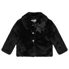 Girls Black Bow Faux Fur Jacket, 1, hi-res