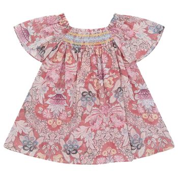 Girls Pink Floral Shirred Dress