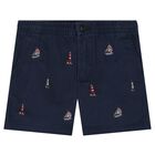 Boys Navy Blue Embroidered Shorts, 1, hi-res