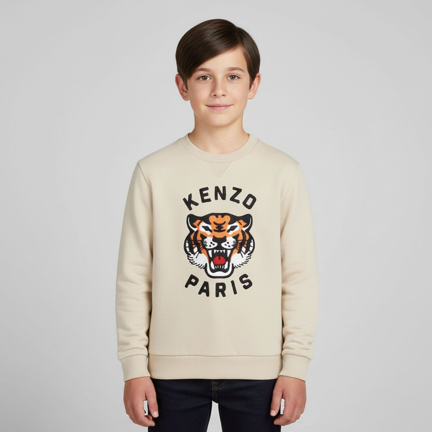 Boys Beige Tiger Logo Sweatshirt, 1, hi-res